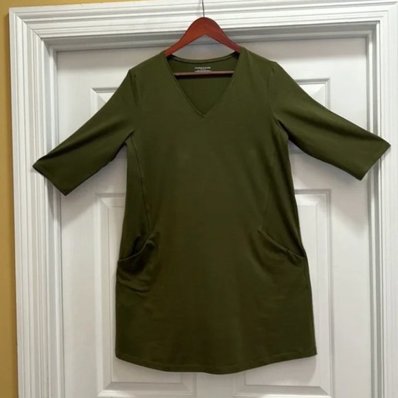 EILEEN FISHER Green Organic cotton Pocketed 3/4 Sleeve V Neck Shift Dress szPM - Picture 10 of 14